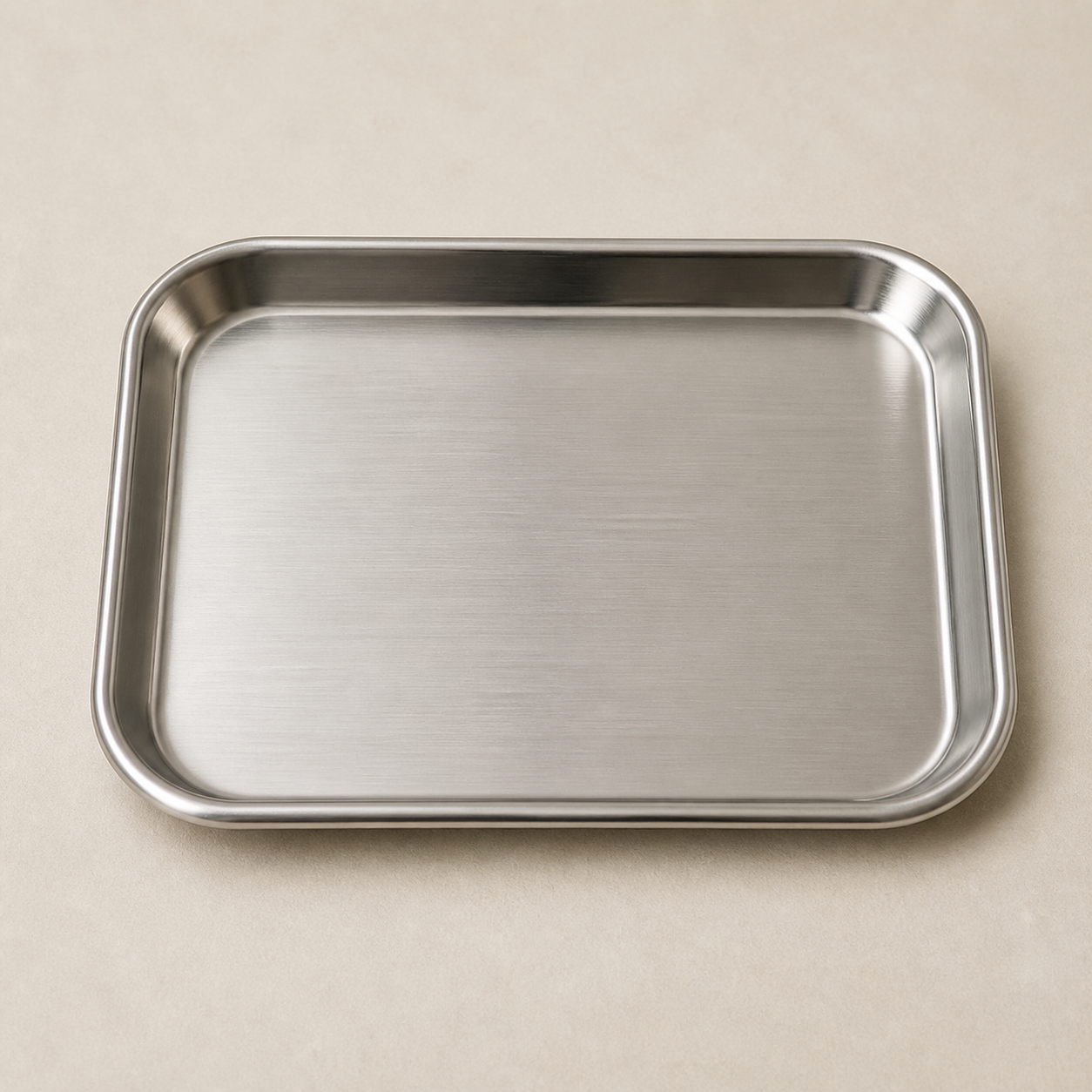 AI-generated illustrative preview of a generic brushed-metal rectangular rolling tray